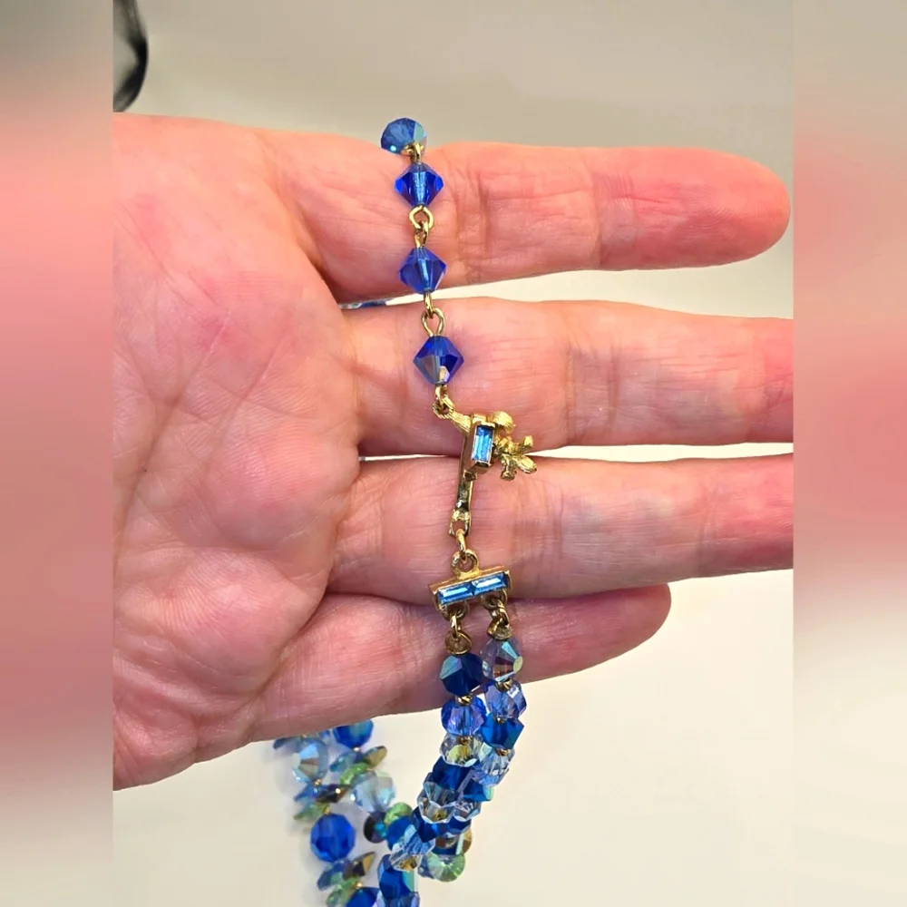 Vendome Blue Green Aurora Borealis Crystal Glass 2 Strand Bead Vintage Necklace